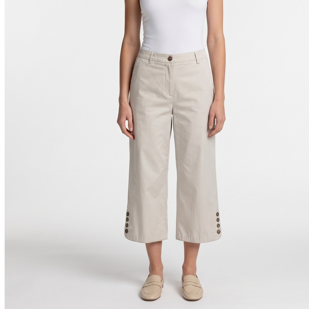 Cropped Wide Leg Pants Button Accent Beige Casual Trousers Lands' End Women 14
